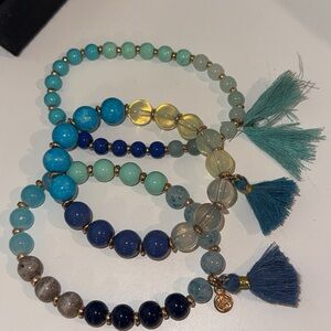 BudhaGirl Turquoise, Blue, & Navy Beaded Tassel Bracelet Stack